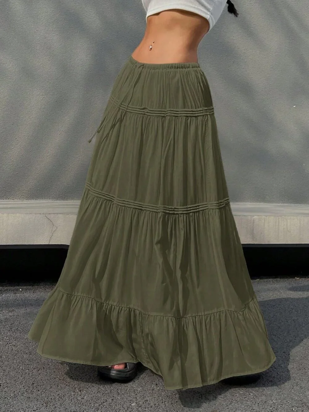 Olive Green Casual Women's Tie-Waist Ruffle Hem Long Skirt